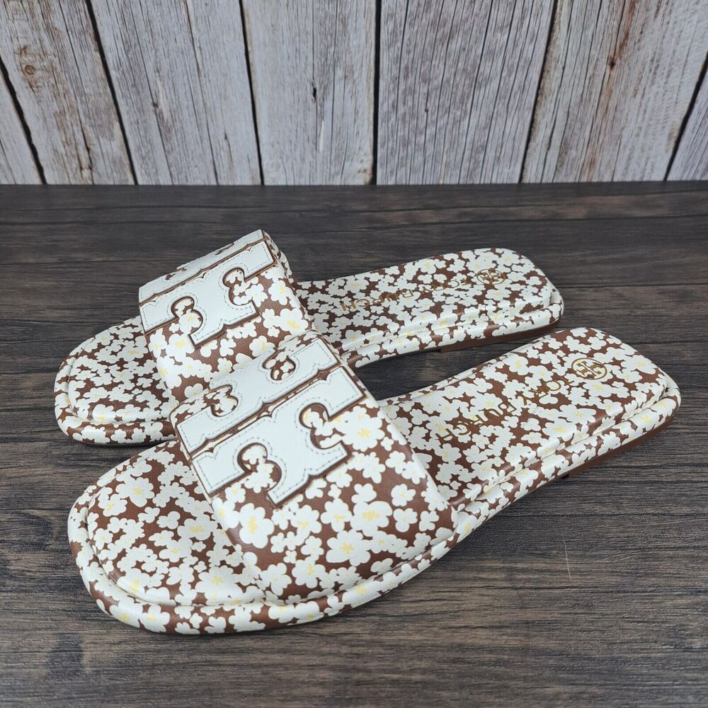 Tory Burch Double T Sport Slide Tumbled Leather Floral Print Women's Sz 9 (VGC)